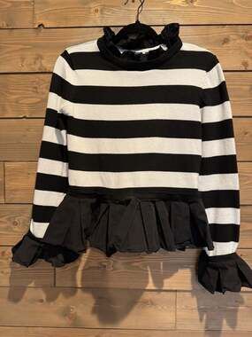 English Factory Mixed Media Striped Knit & White Eyelet Bell Sleeve Top XS